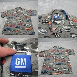 Vintage GM David Carey Shirt Mens Large Gray Super Sport‎ Car AOP Button Up